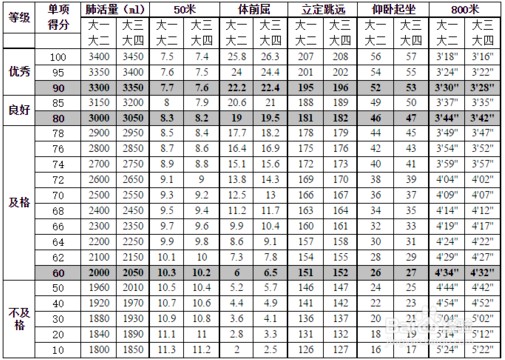 大学生体测标准评分表